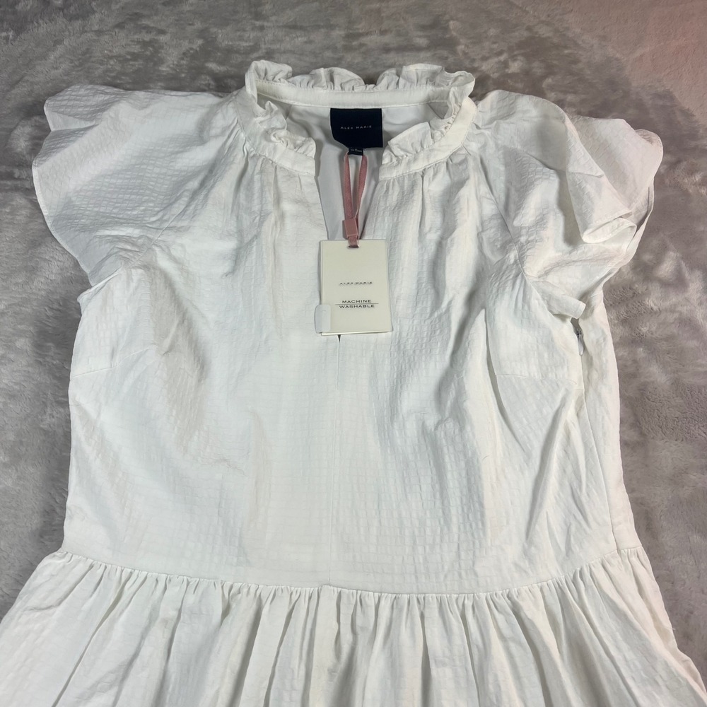 NWT Alex Marie Women's 8 Vanya Dress White Ruffle Neck Tiered Flutter Sleeve
